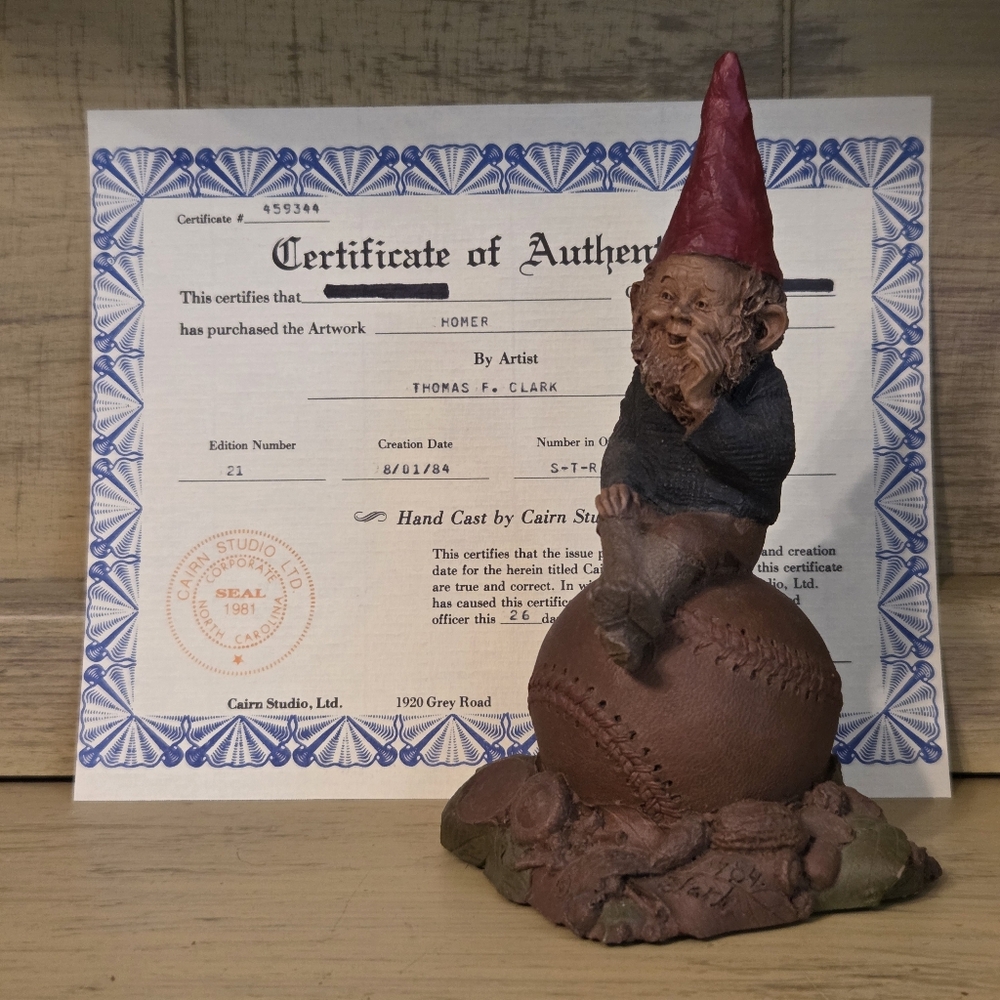 Vtg 1984 Tom Clark Gnome "Homer" Retired W/ COA - Baseball Fan